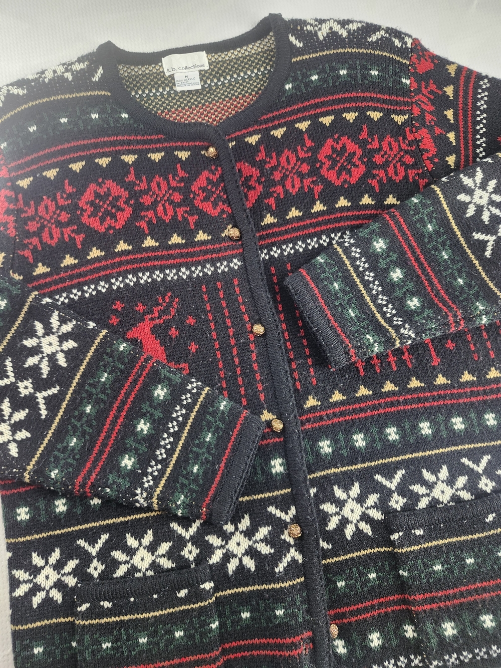 K.B. Collections Womens M Holiday Reindeer Button Front Knit Cardigan Pockets